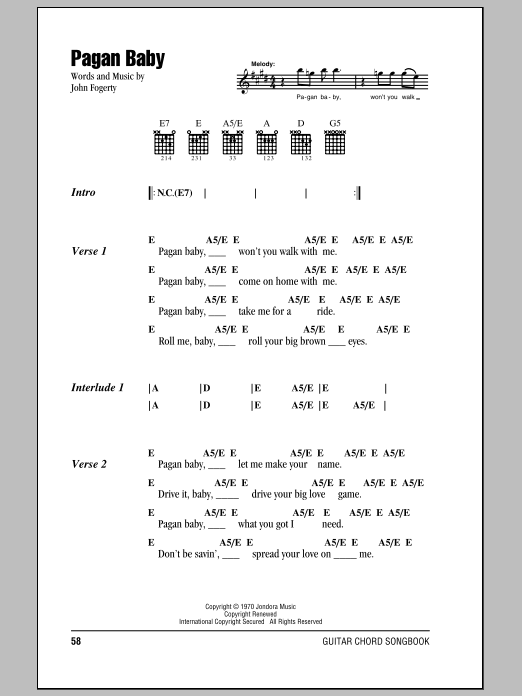 Creedence Clearwater Revival Pagan Baby sheet music notes and chords arranged for Guitar Chords/Lyrics
