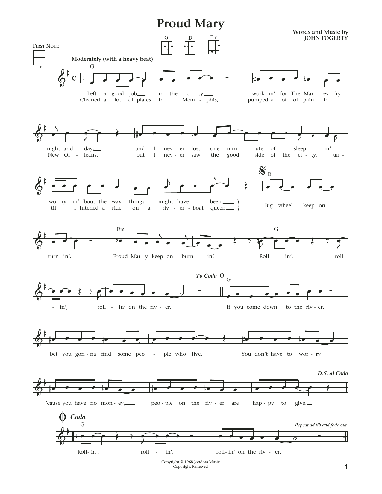 Creedence Clearwater Revival Proud Mary (from The Daily Ukulele) (arr. Liz and Jim Beloff) sheet music notes and chords arranged for Ukulele