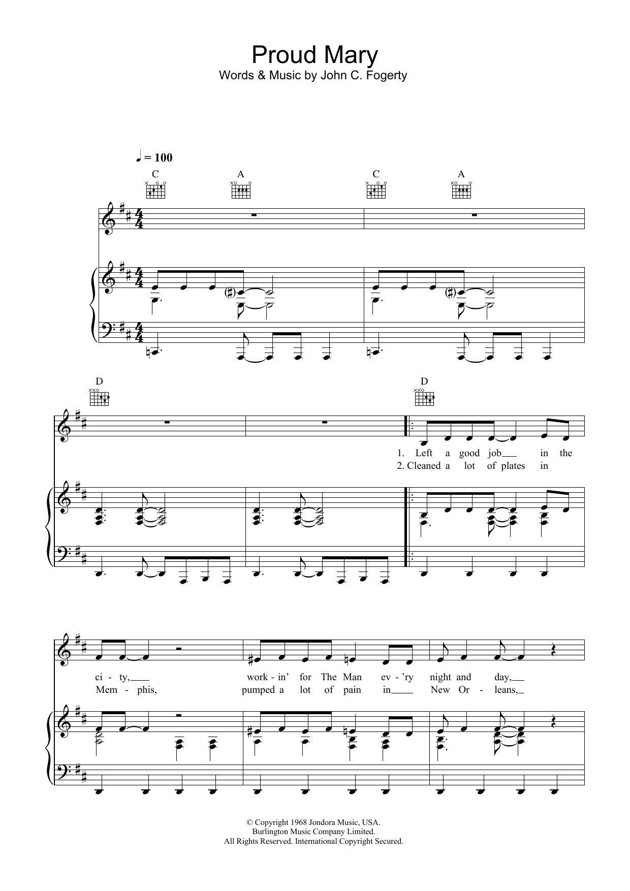 Creedence Clearwater Revival Proud Mary sheet music notes and chords arranged for French Horn Solo