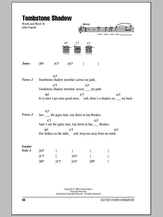 Creedence Clearwater Revival Tombstone Shadow sheet music notes and chords arranged for Guitar Chords/Lyrics