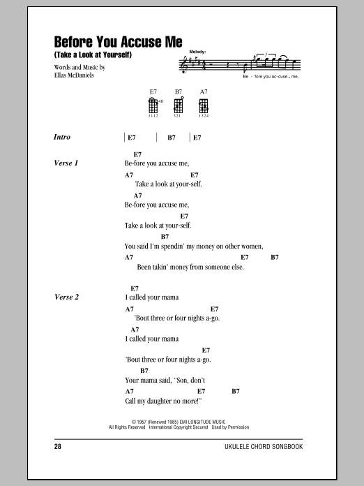 Creedence Clearwater Revival Before You Accuse Me (Take A Look At Yourself) sheet music notes and chords arranged for Ukulele Chords/Lyrics