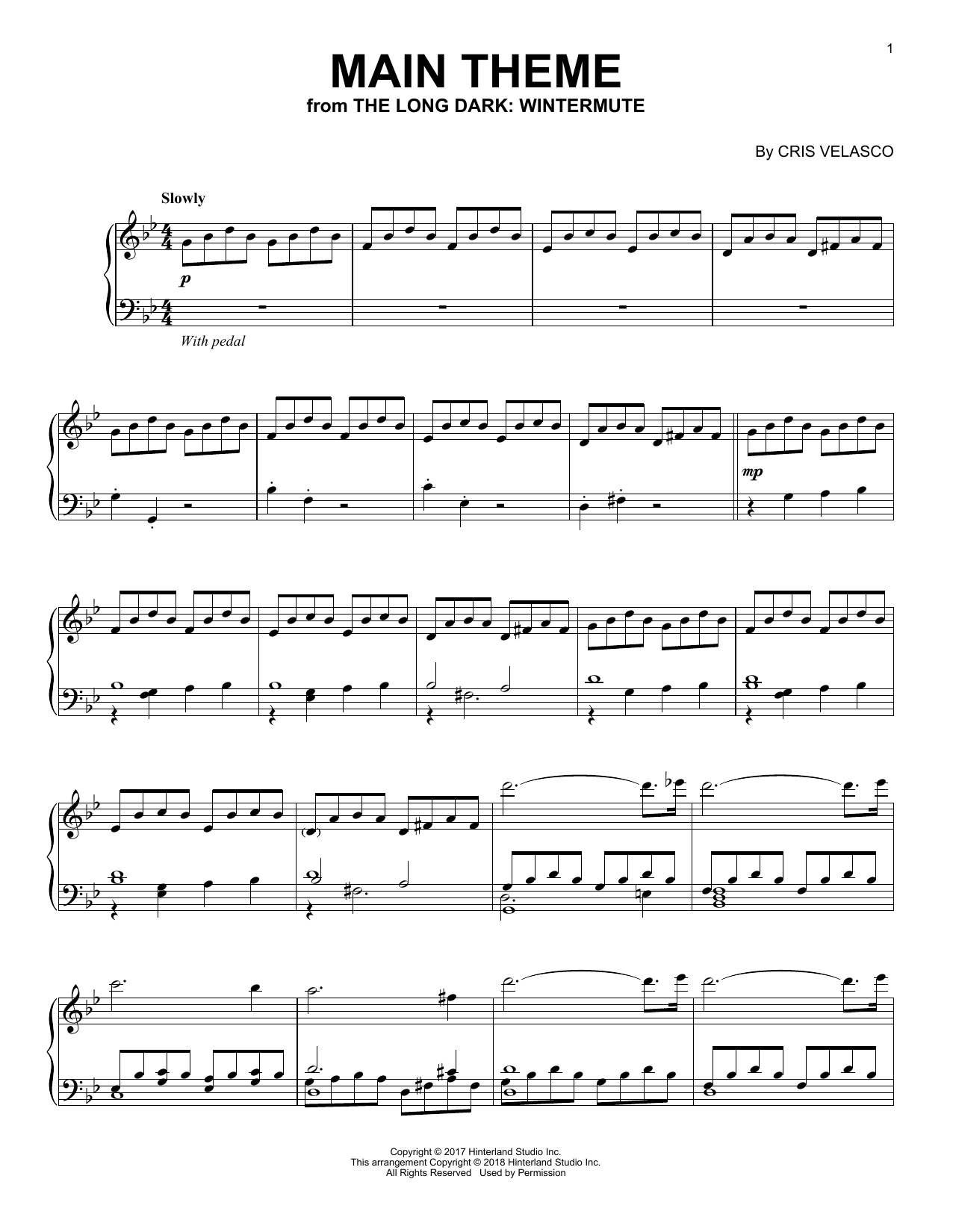 Cris Velasco Main Theme (from The Long Dark: Wintermute) sheet music notes and chords arranged for Easy Piano