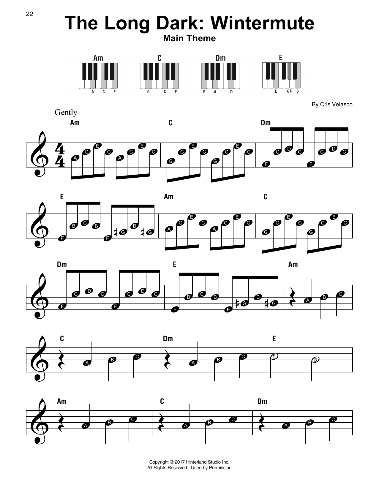 Cris Velasco The Long Dark: Wintermute (Main Theme) sheet music notes and chords arranged for Super Easy Piano