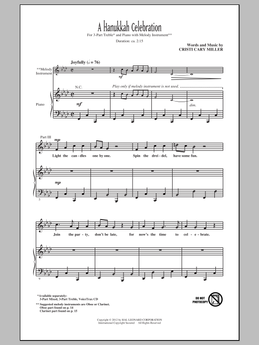 Cristi Cary Miller A Hanukkah Celebration sheet music notes and chords arranged for 3-Part Treble Choir
