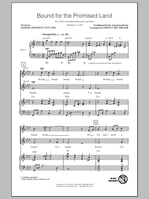 Cristi Cary Miller Bound For The Promised Land sheet music notes and chords arranged for 2-Part Choir