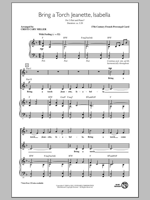 Cristi Cary Miller Bring A Torch, Jeannette, Isabella sheet music notes and chords arranged for 2-Part Choir
