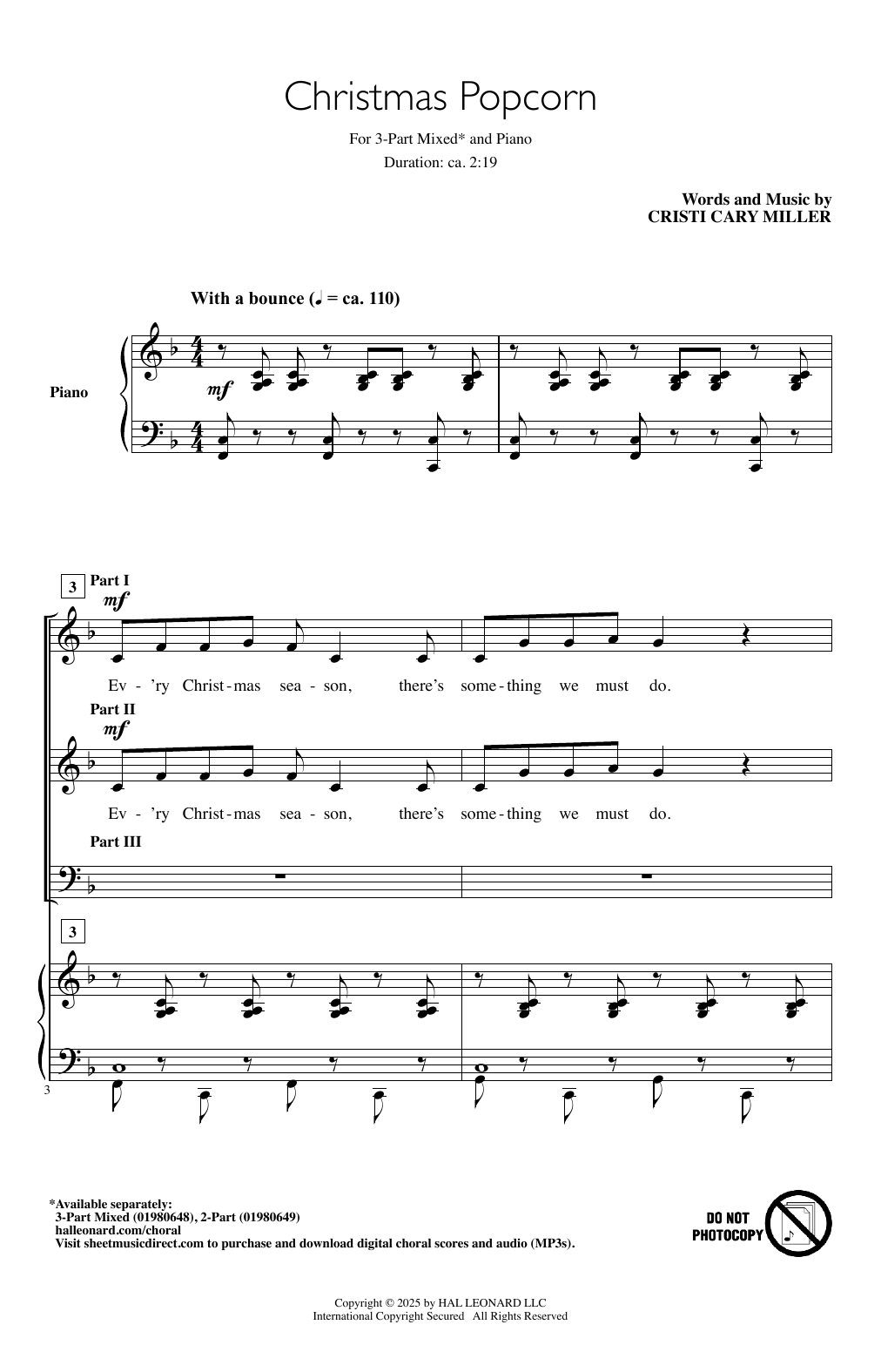 Cristi Cary Miller Christmas Popcorn sheet music notes and chords arranged for 3-Part Mixed Choir