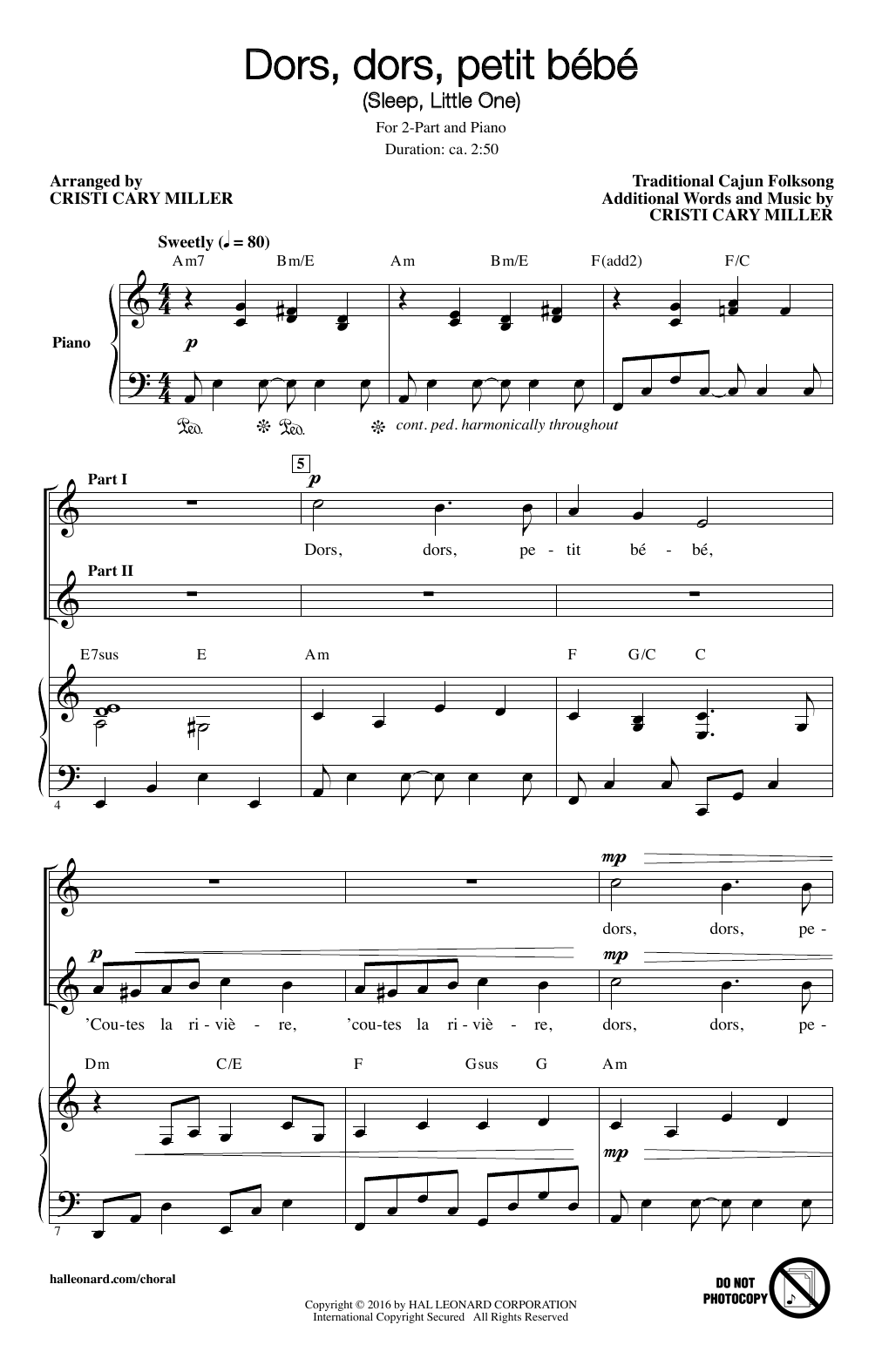 Cristi Cary Miller Dors, Dors, Petit Bebe (Sleep, Little One) sheet music notes and chords arranged for 2-Part Choir