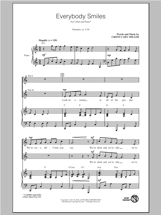 Cristi Cary Miller Everybody Smiles sheet music notes and chords arranged for 2-Part Choir