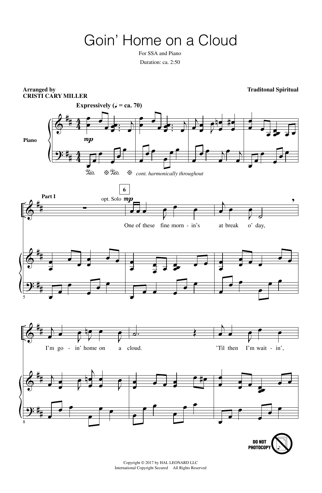 Cristi Cary Miller Goin' Home On A Cloud sheet music notes and chords arranged for SSA Choir