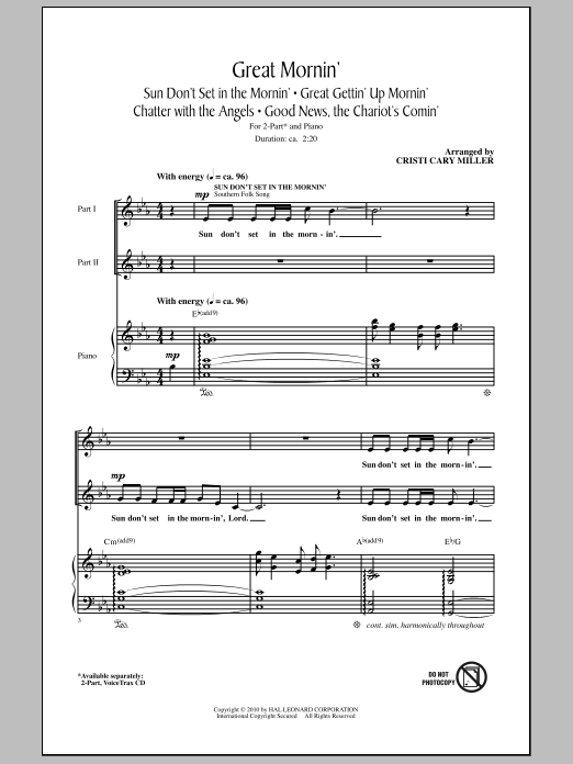 Cristi Cary Miller Great Mornin' sheet music notes and chords arranged for 2-Part Choir