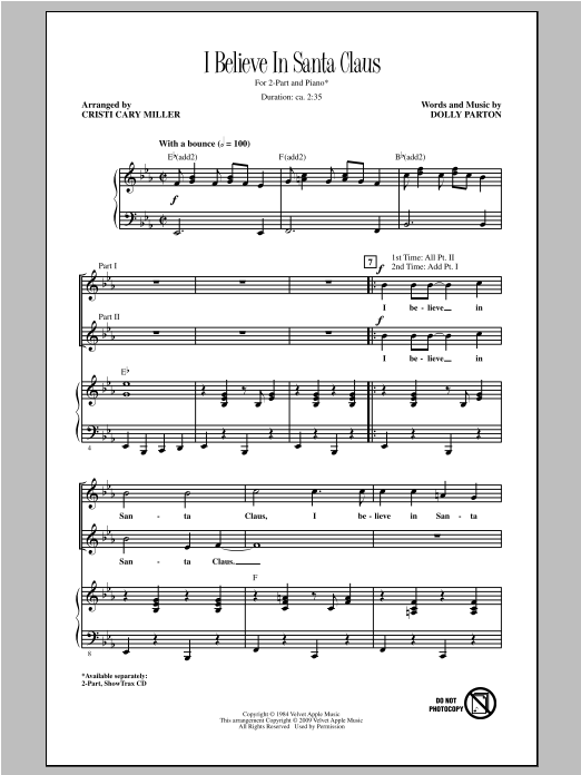 Cristi Cary Miller I Believe In Santa Claus sheet music notes and chords arranged for 2-Part Choir
