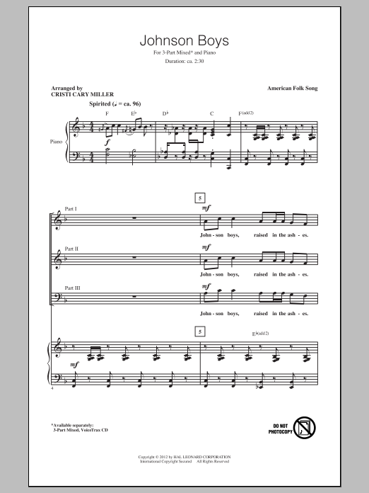 Cristi Cary Miller Johnson Boys sheet music notes and chords arranged for 3-Part Mixed Choir