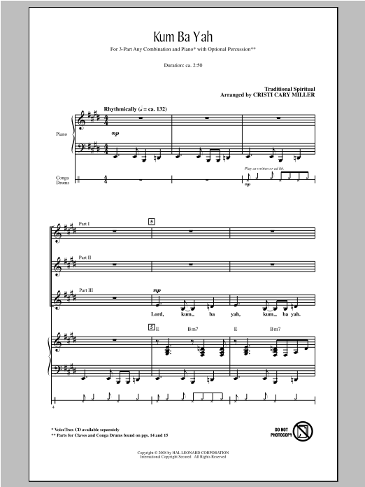 Cristi Cary Miller Kum Ba Yah sheet music notes and chords arranged for 3-Part Mixed Choir