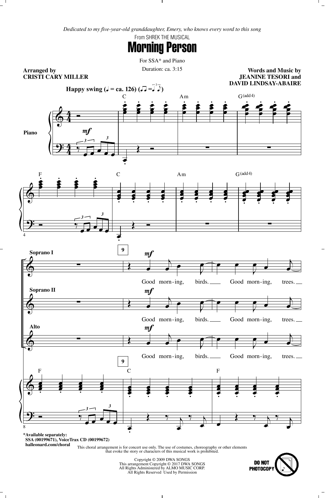 Cristi Cary Miller Morning Person sheet music notes and chords arranged for SSA Choir