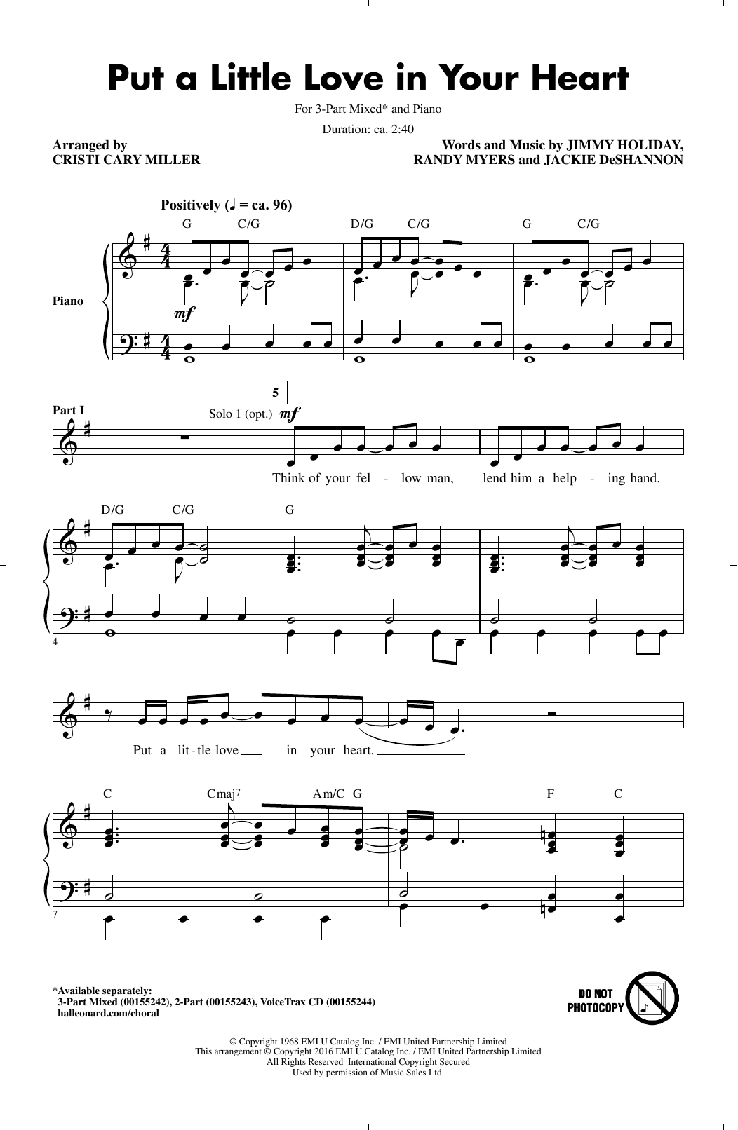 Cristi Cary Miller Put A Little Love In Your Heart sheet music notes and chords arranged for 3-Part Mixed Choir