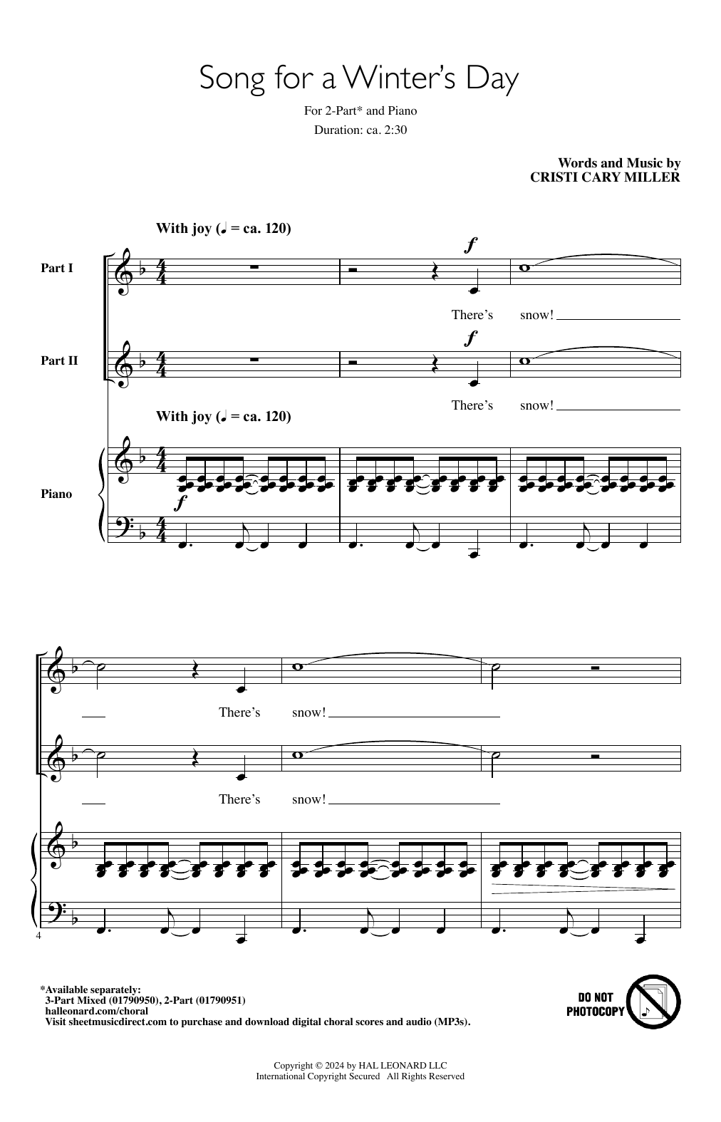 Cristi Cary Miller Song For A Winter's Day sheet music notes and chords arranged for 2-Part Choir
