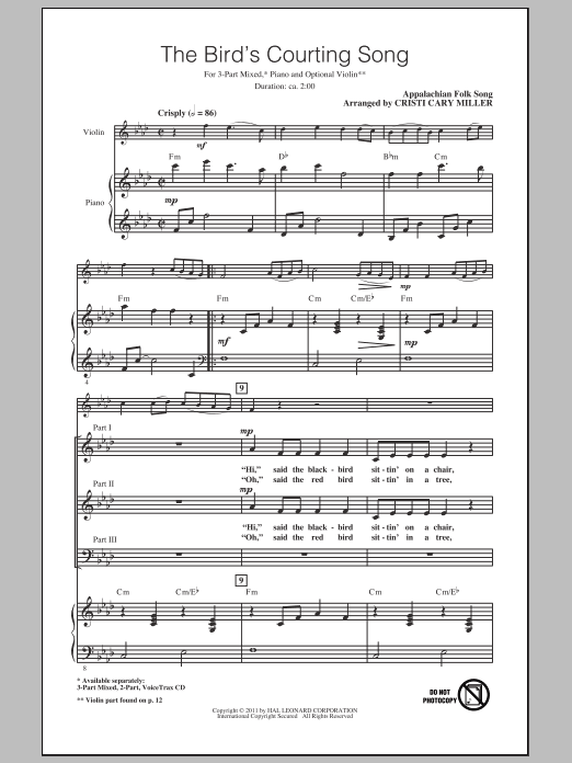 Cristi Cary Miller The Bird's Courting Song sheet music notes and chords arranged for 3-Part Mixed Choir