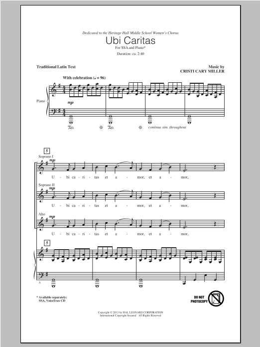 Cristi Cary Miller Ubi Caritas sheet music notes and chords arranged for SSA Choir