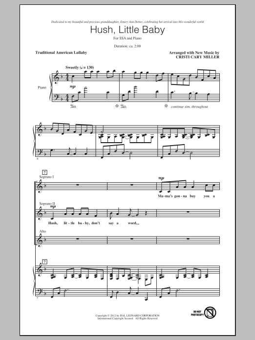 Cristi Cary Miller Hush, Little Baby sheet music notes and chords arranged for SSA Choir