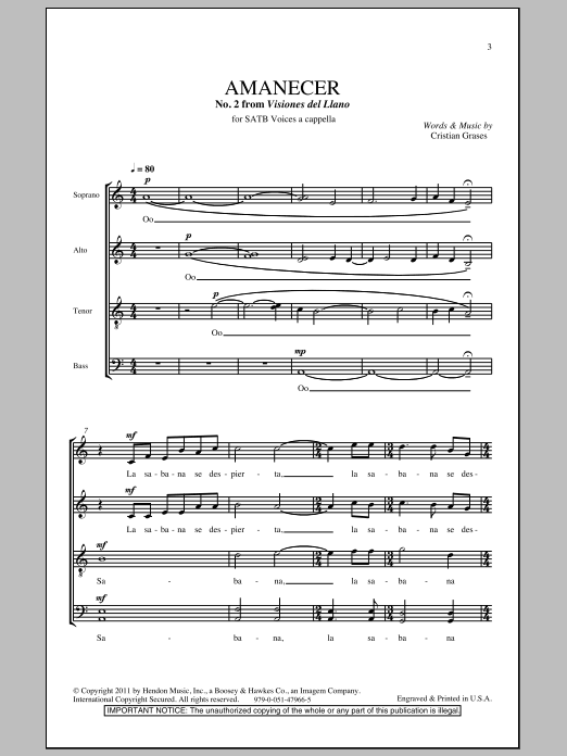 Cristian Grases Amanecer (No. 2 From Visiones Dellano) sheet music notes and chords arranged for SATB Choir