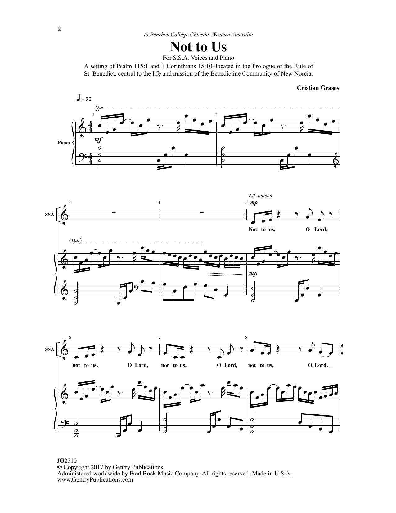 Cristian Grases Not to Us sheet music notes and chords arranged for SSA Choir