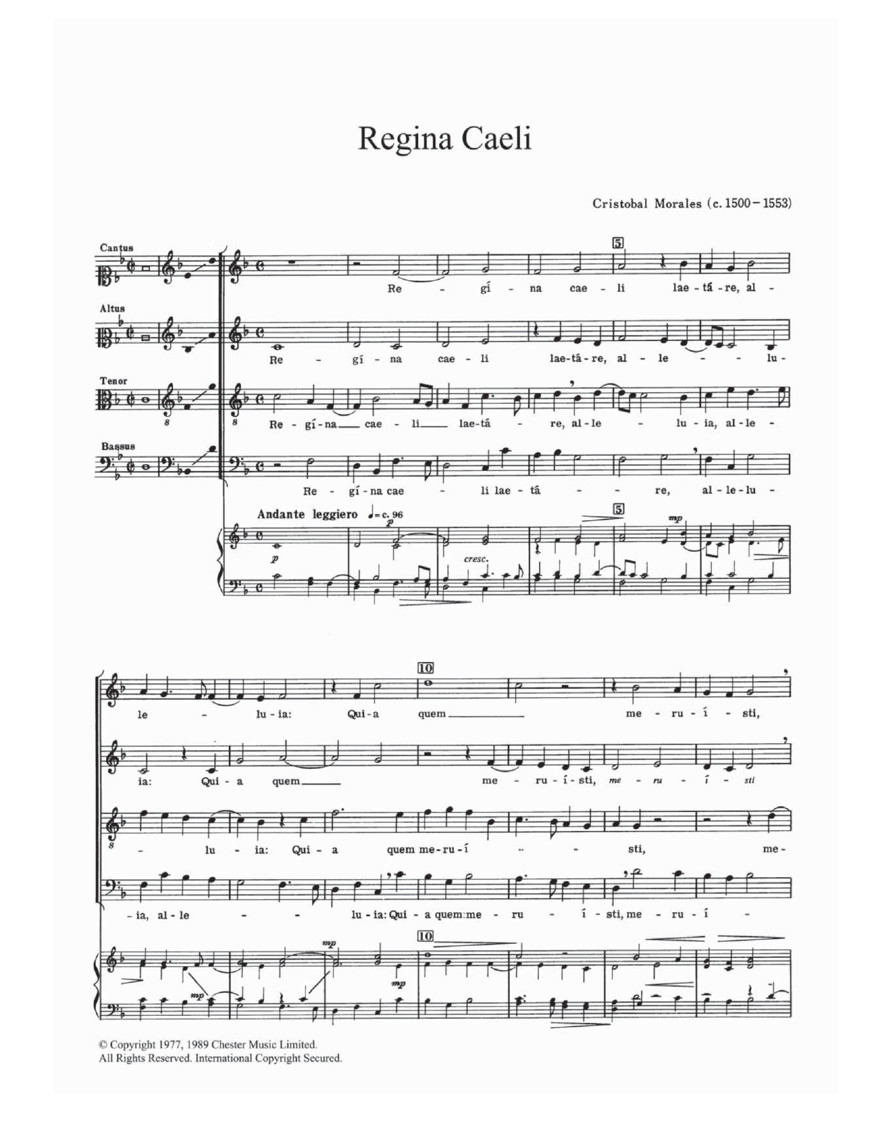 Cristobal de Morales Regina Caeli sheet music notes and chords arranged for Choir