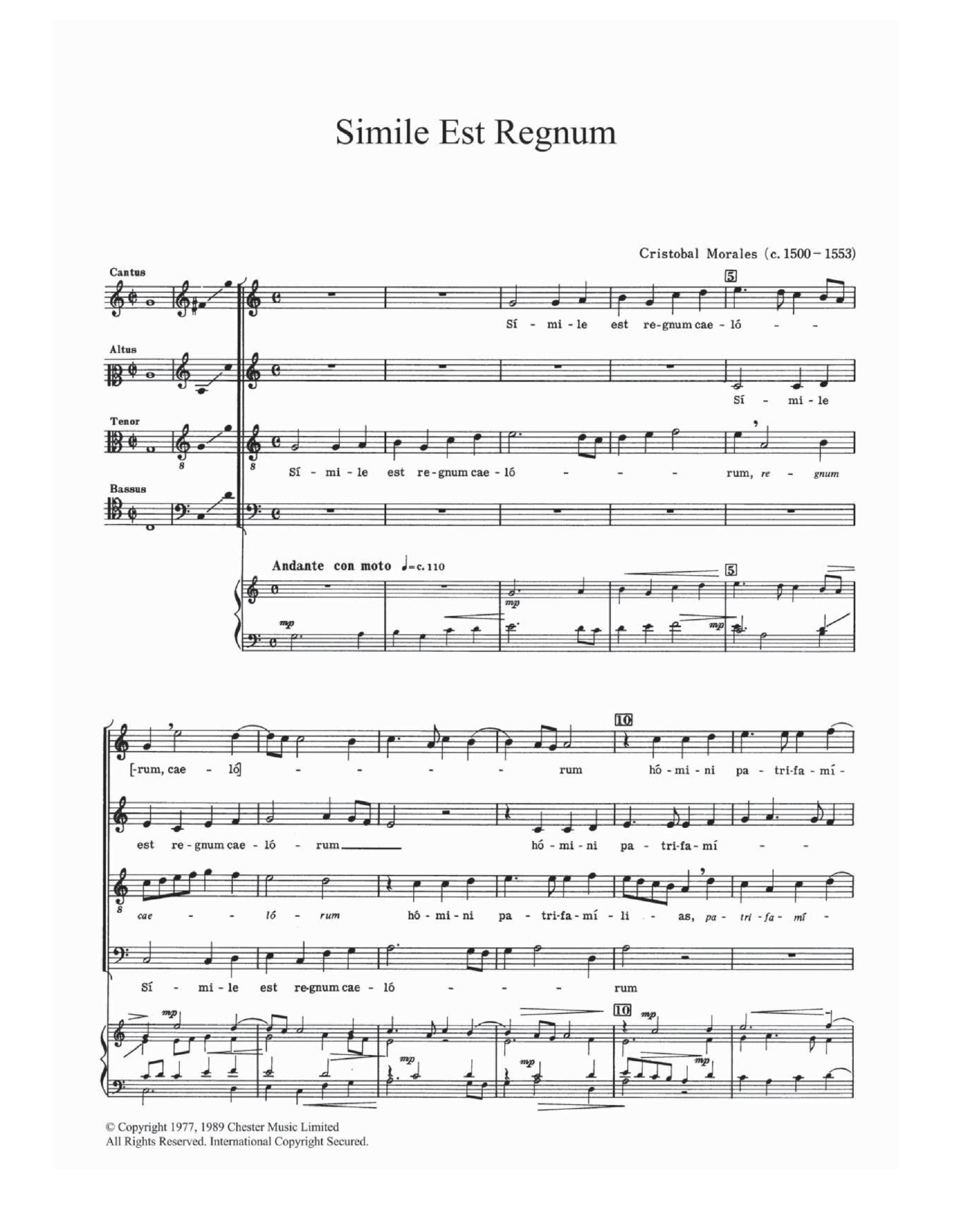 Cristobal de Morales Simile Est Regnum sheet music notes and chords arranged for Choir
