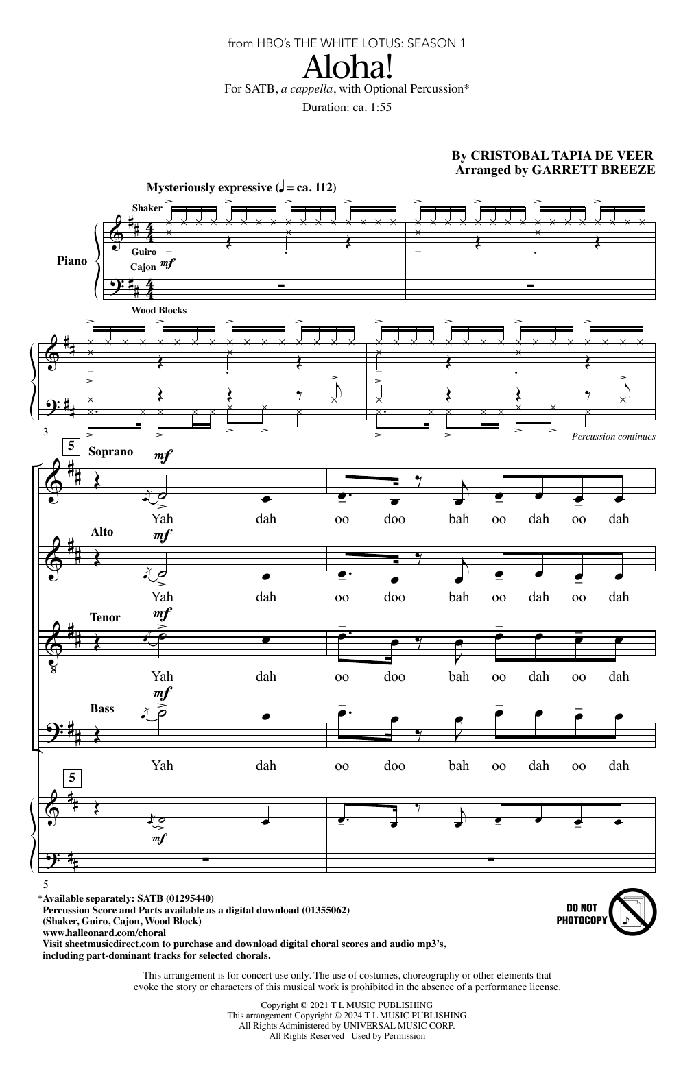 Cristobal Tapia de Veer Aloha! (arr. Garrett Breeze) sheet music notes and chords arranged for SATB Choir