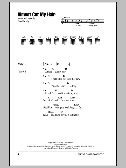Crosby, Stills & Nash Almost Cut My Hair sheet music notes and chords arranged for Guitar Chords/Lyrics
