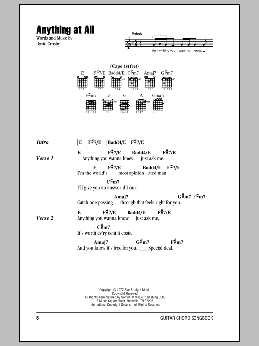 Crosby, Stills & Nash Anything At All sheet music notes and chords arranged for Guitar Chords/Lyrics