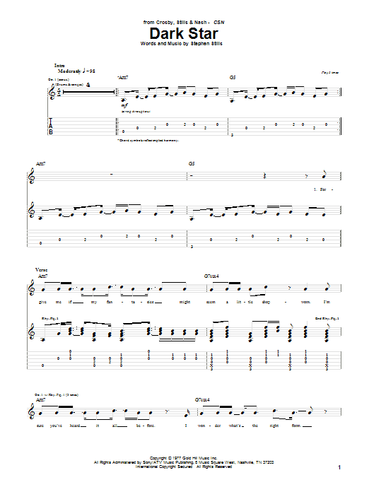 Crosby, Stills & Nash Dark Star sheet music notes and chords arranged for Guitar Chords/Lyrics
