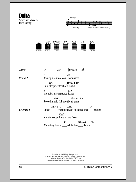 Crosby, Stills & Nash Delta sheet music notes and chords arranged for Guitar Chords/Lyrics