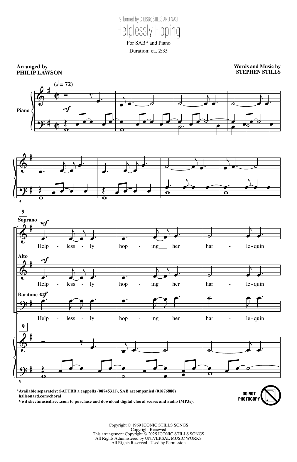 Crosby, Stills & Nash Helplessly Hoping (arr. Philip Lawson) sheet music notes and chords arranged for SATTBB Choir