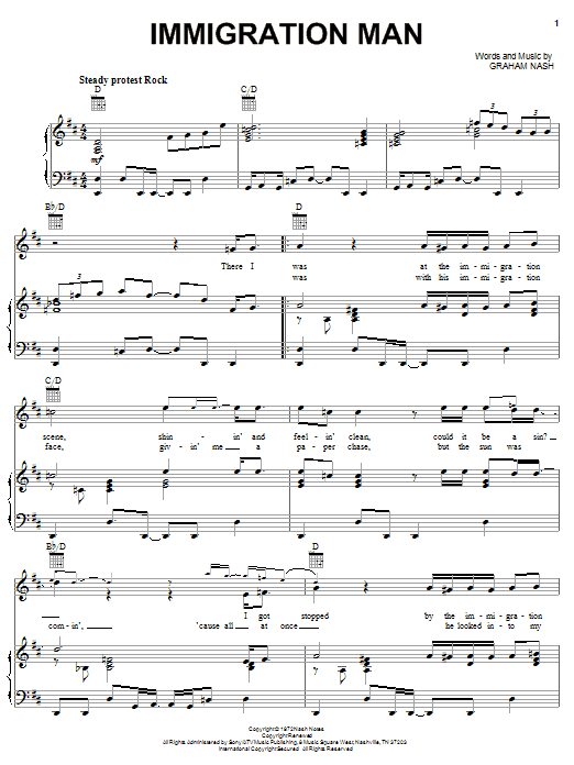 Crosby, Stills & Nash Immigration Man sheet music notes and chords arranged for Piano, Vocal & Guitar Chords (Right-Hand Melody)