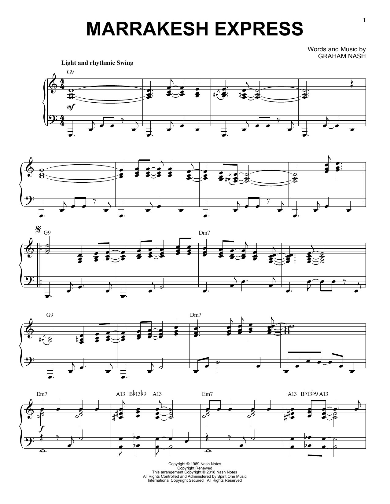 Crosby, Stills & Nash Marrakesh Express [Jazz version] sheet music notes and chords arranged for Piano Solo