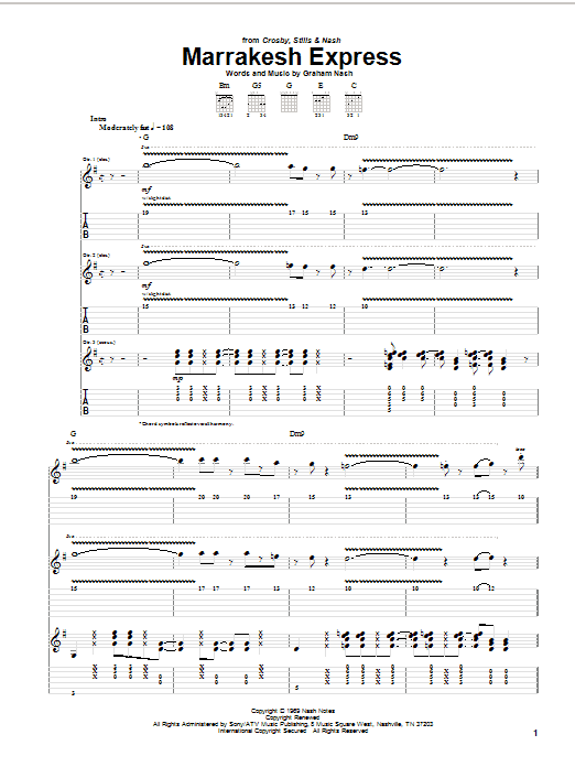 Crosby, Stills & Nash Marrakesh Express sheet music notes and chords arranged for Guitar Tab (Single Guitar)