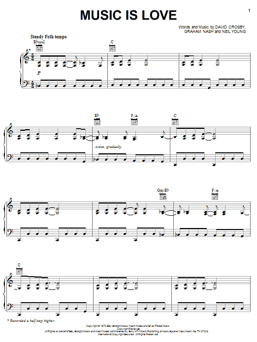 Crosby, Stills & Nash Music Is Love sheet music notes and chords arranged for Piano, Vocal & Guitar Chords (Right-Hand Melody)
