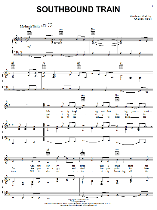 Crosby, Stills & Nash Southbound Train sheet music notes and chords arranged for Piano, Vocal & Guitar Chords (Right-Hand Melody)