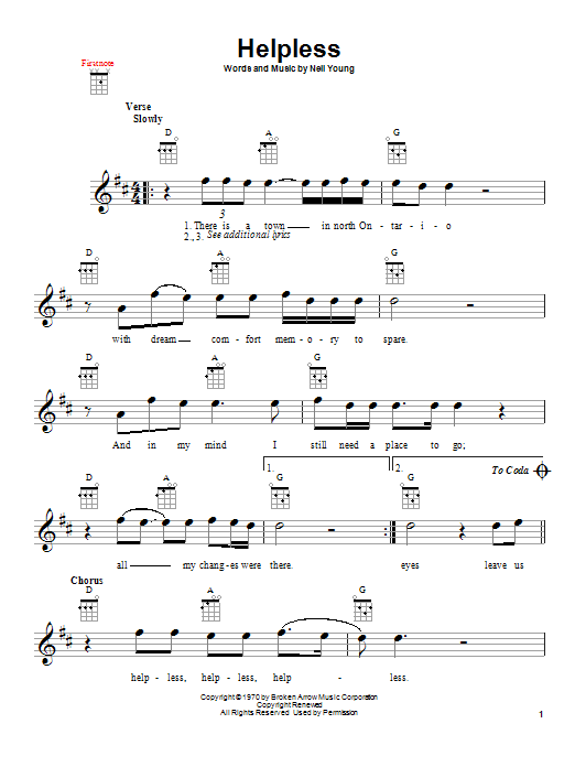 Crosby, Stills, Nash & Young Helpless sheet music notes and chords arranged for Ukulele