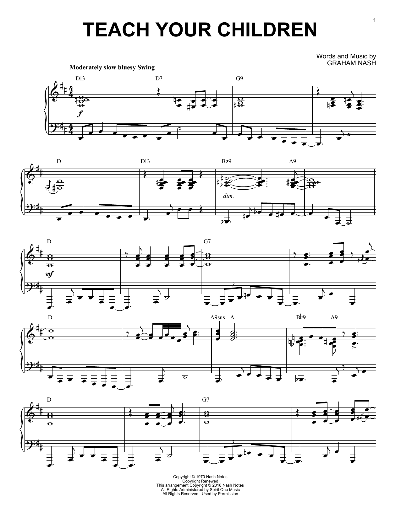 Crosby, Stills, Nash & Young Teach Your Children [Jazz version] sheet music notes and chords arranged for Piano Solo