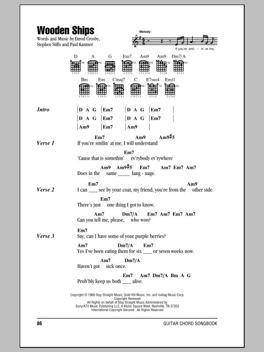 Crosby, Stills & Nash Wooden Ships sheet music notes and chords arranged for Guitar Chords/Lyrics