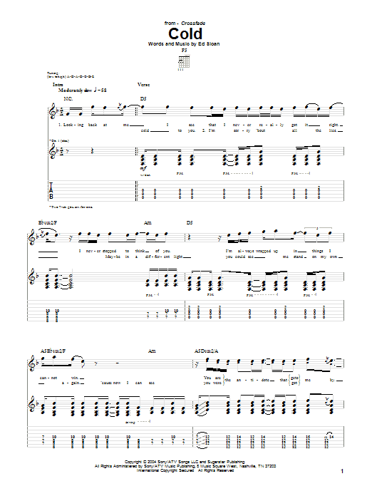 Crossfade Cold sheet music notes and chords arranged for Guitar Tab