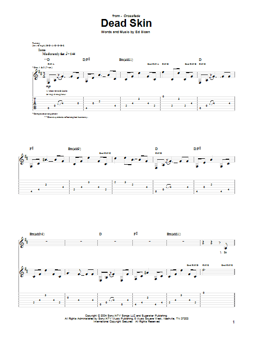 Crossfade Dead Skin sheet music notes and chords arranged for Guitar Tab