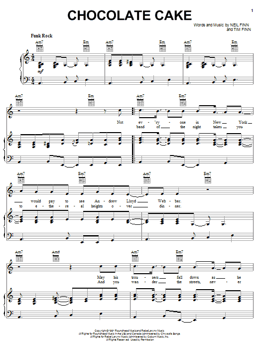 Crowded House Chocolate Cake sheet music notes and chords arranged for Piano, Vocal & Guitar Chords (Right-Hand Melody)