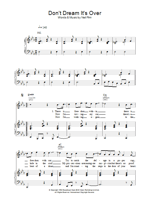Crowded House Don't Dream It's Over sheet music notes and chords arranged for Piano, Vocal & Guitar Chords