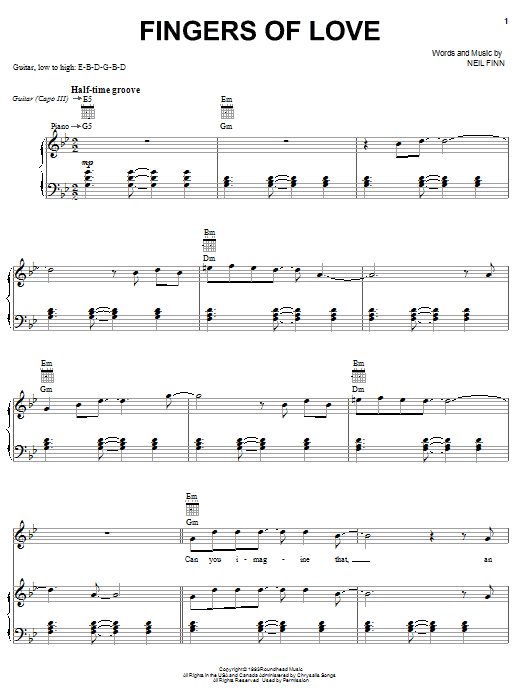Crowded House Fingers Of Love sheet music notes and chords arranged for Piano, Vocal & Guitar Chords (Right-Hand Melody)