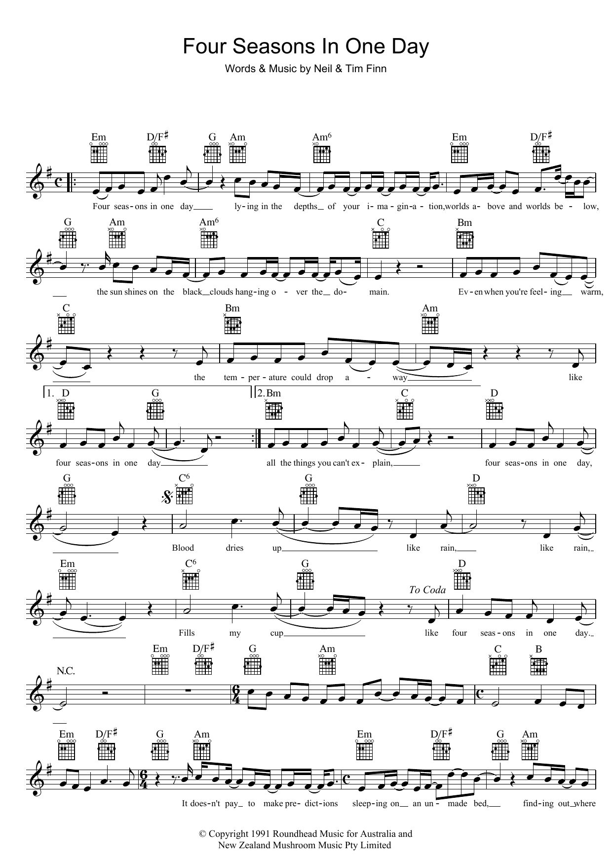 Crowded House Four Seasons In One Day sheet music notes and chords arranged for Guitar Chords/Lyrics