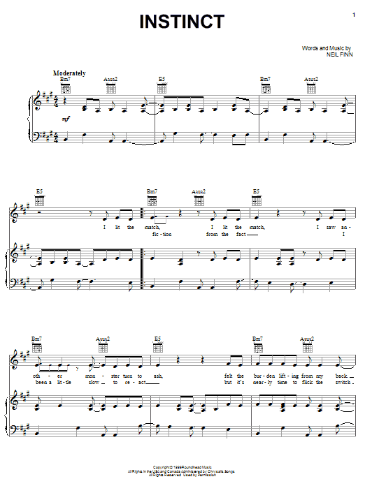 Crowded House Instinct sheet music notes and chords arranged for Piano, Vocal & Guitar Chords (Right-Hand Melody)
