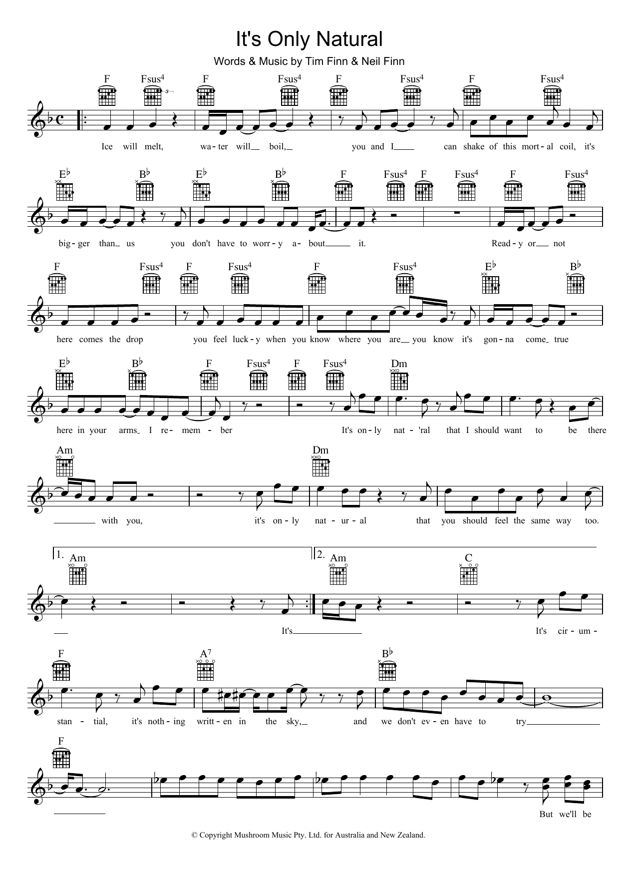 Crowded House It's Only Natural sheet music notes and chords arranged for Piano, Vocal & Guitar Chords (Right-Hand Melody)